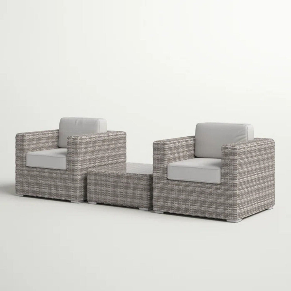 3 piece outdoor seating set with gray wicker cushions; includes two armchairs and matching table on Tampa Home & Garden Store