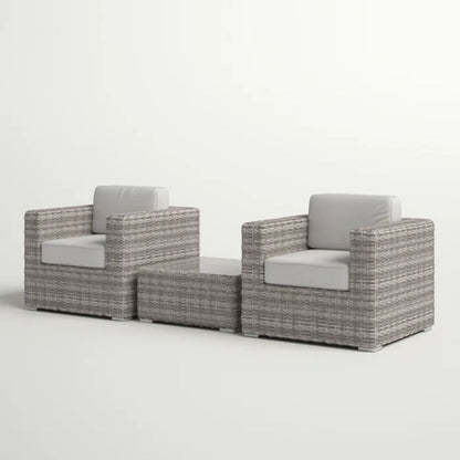 3 piece outdoor seating set with gray wicker cushions; includes two armchairs and matching table on Tampa Home & Garden Store
