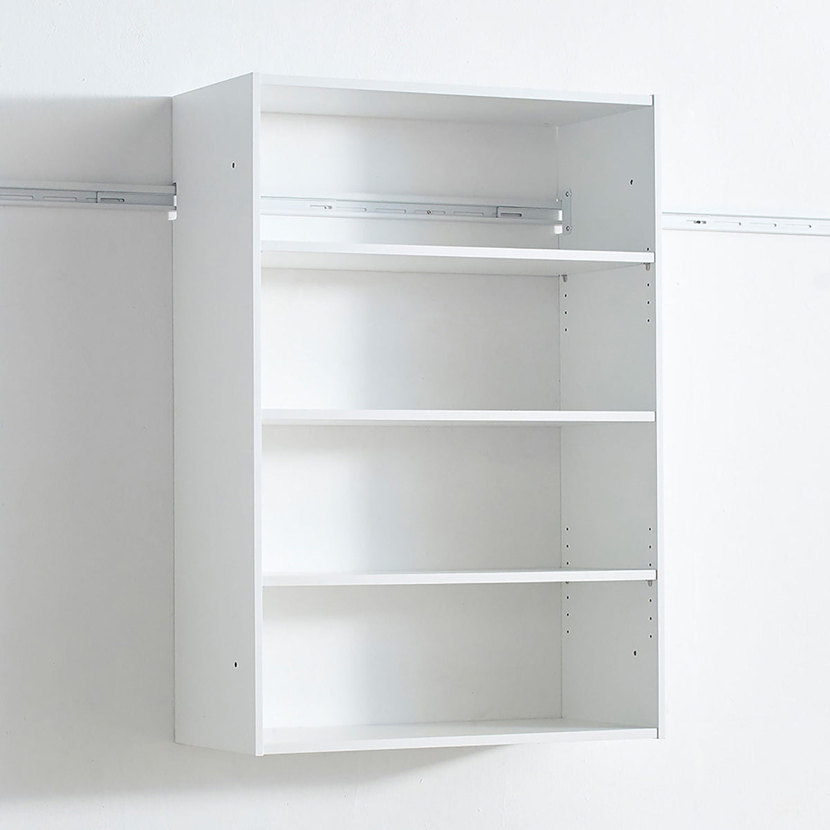 Wall-mounted white wardrobe unit with open shelves and metal rail system HouseOfZazla on Tampa Home & Garden Store