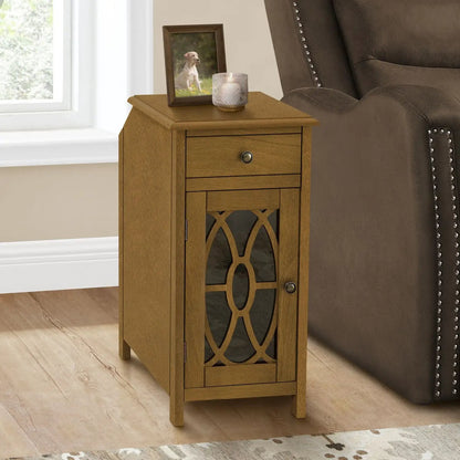 Accent taupe wood side table with 1 drawer and glass panel by Unique Piece Furniture beside sofa on Tampa Home & Garden Store