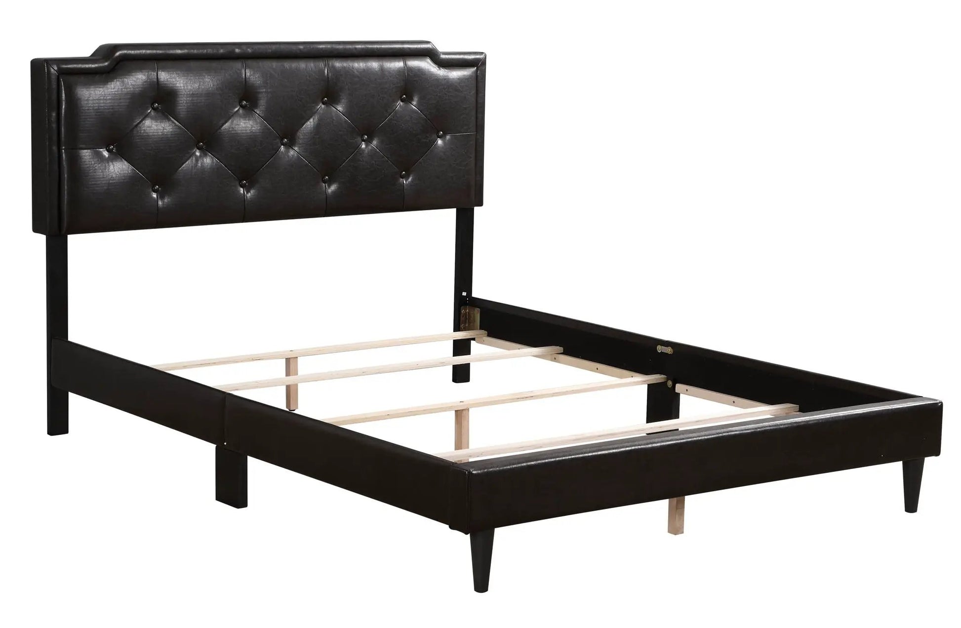 Button tufted upholstered bed in black faux leather with diamond tufting and metal frame on Tampa Home & Garden Store