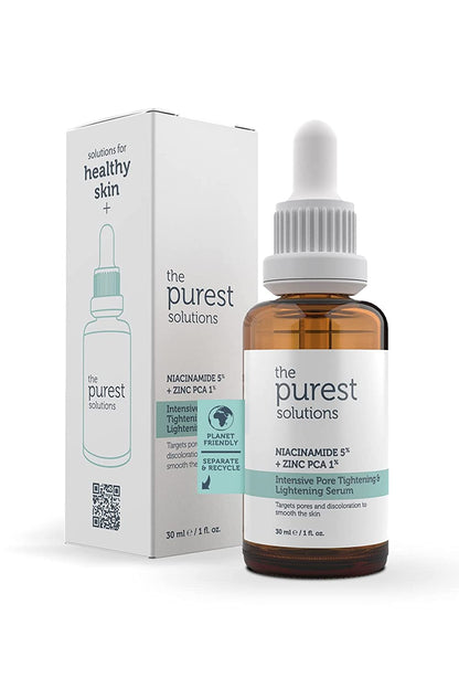 the purest solutions Niacinamide 5% + Zinc PCA 1% Intensive Pore Tightening Serum bottle with dropper, amber glass beside white box on Tampa Home & Garden Store