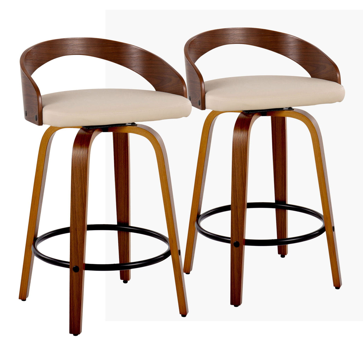 Mid Century Modern Counter Stools walnut wood swivel frames beige cushioned seats set of 2 on Tampa Home & Garden Store