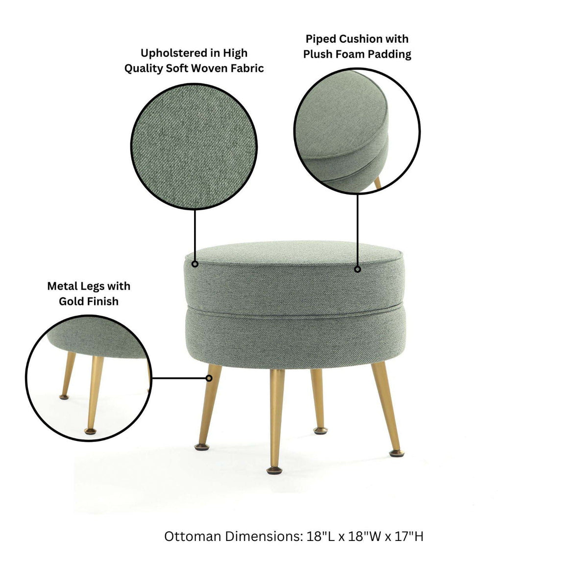 Bailey Upholstered Accent Ottoman in sage green fabric with gold-finish legs by HouseOfZazla on Tampa Home & Garden Store