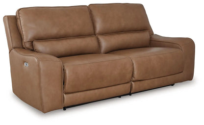 DeepWakes 2 Seat Power Reclining Sofa in tan brown leather with adjustable headrests on Tampa Home & Garden Store