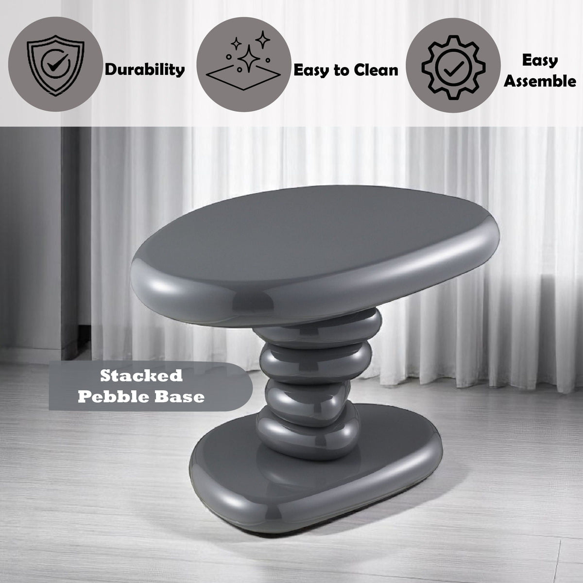 Charlene dark gray end table with high gloss finish featuring a stacked pebble base by HouseOfZazla on Tampa Home & Garden Store
