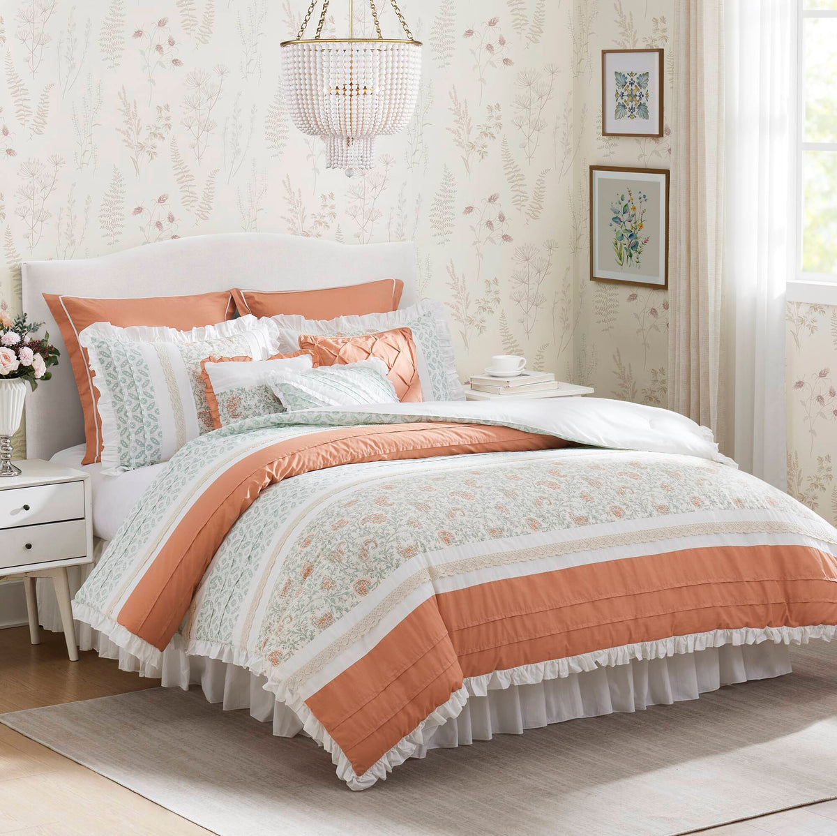 9 Piece Cotton Percale Comforter Set Coral Queen by HouseOfZazla with coral accents on Tampa Home & Garden Store