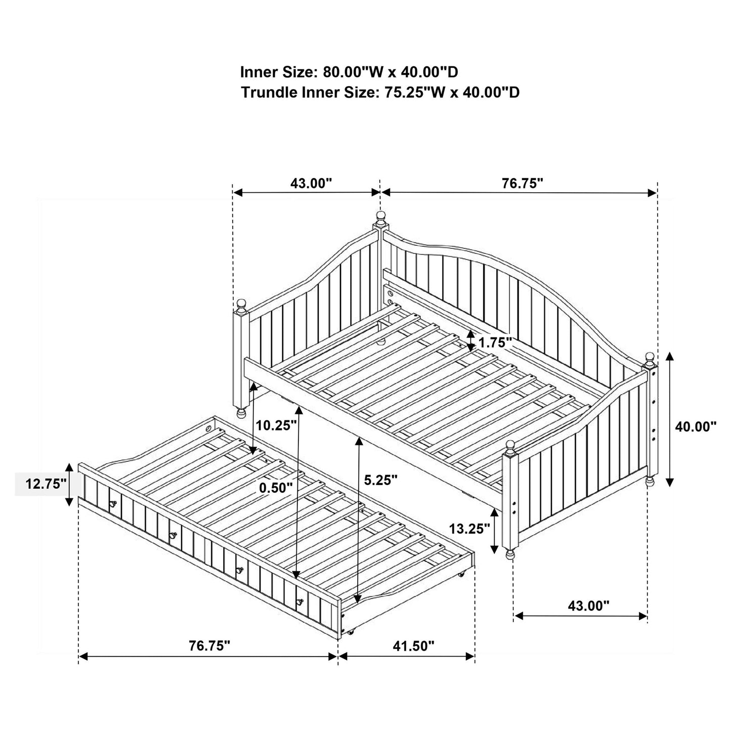 Twin Daybed with Trundle Storage Bed in white by HouseOfZazla; dimensional schematic on Tampa Home & Garden Store