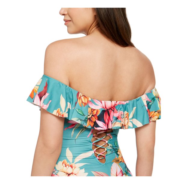 La Blanca floral off-shoulder one-piece swimsuit with lace-up back in teal print on Tampa Home & Garden Store