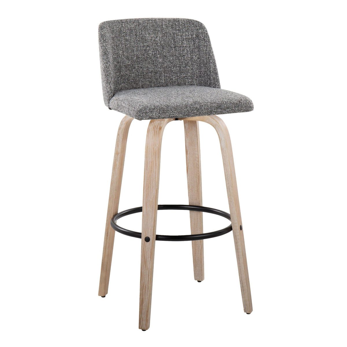 Mid-century bar stool, fixed height, grey textured fabric, light wood legs, black footring on Tampa Home & Garden Store