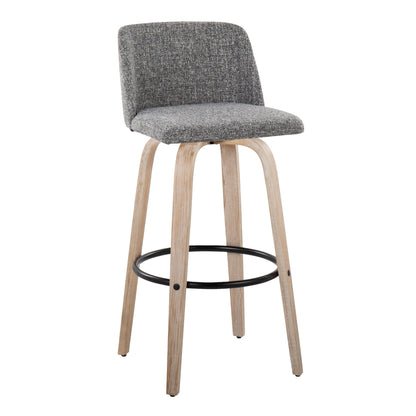 Mid-century bar stool, fixed height, grey textured fabric, light wood legs, black footring on Tampa Home & Garden Store