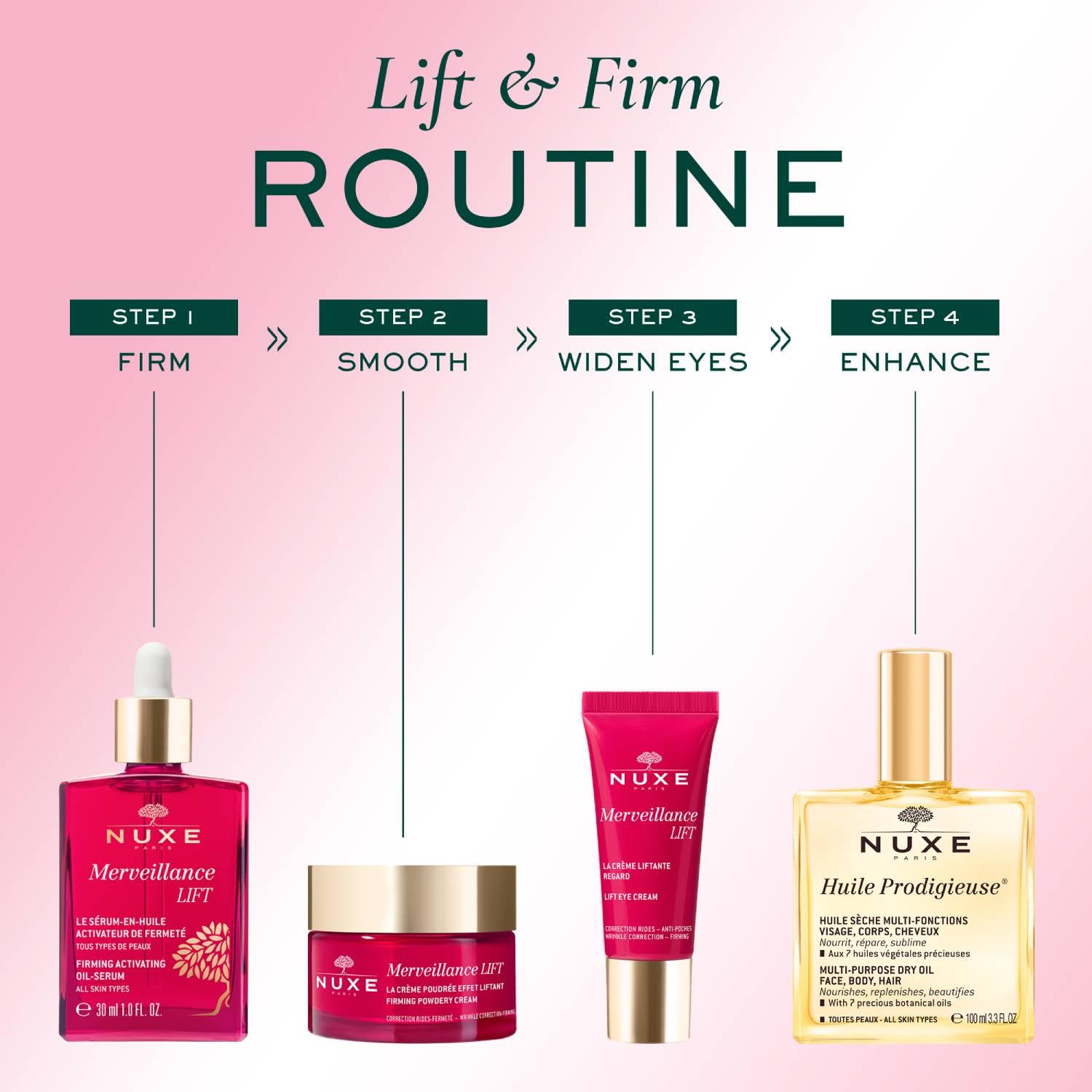 NUXE Merveillance Lift set: serum, cream, eye cream, Huile Prodigieuse oil on pink backdrop on Tampa Home & Garden Store