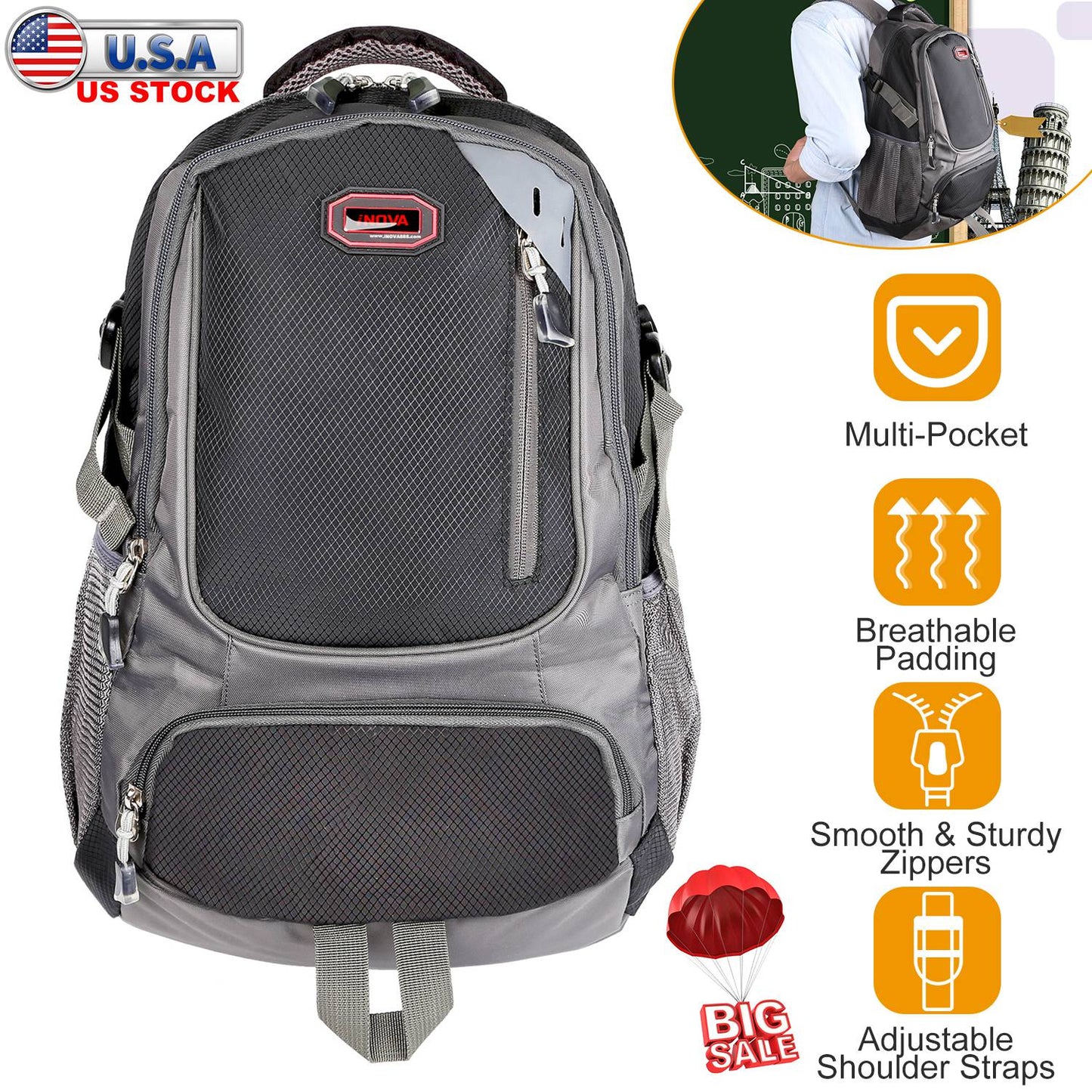 GemGear unisex gray backpack with grid front, multiple pockets, dual water bottle pouches on Tampa Home & Garden Store