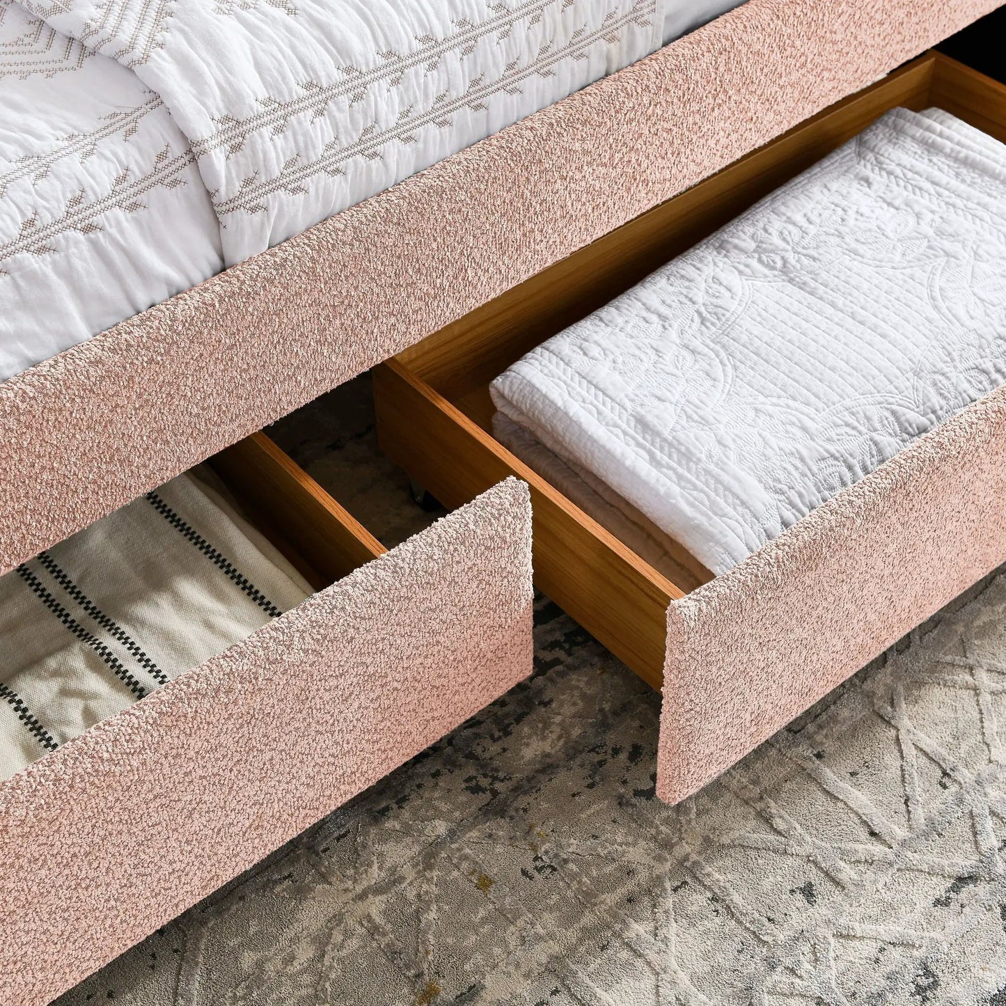 Upholstered daybed with 2 drawers, peach textured fabric and wood frame on Tampa Home & Garden Store