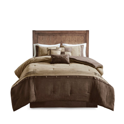7-piece brown faux suede comforter set with coordinating tan pillows on California King bed on Tampa Home & Garden Store