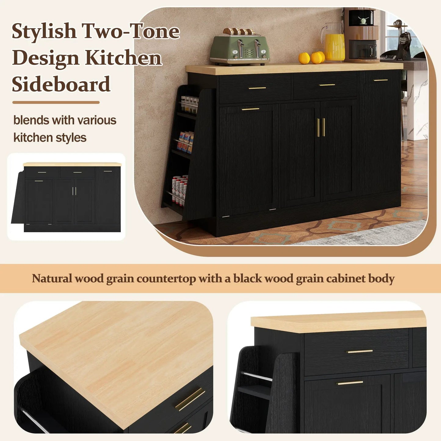 Kitchen sideboard with sliding door cabinet and 3-tier spice rack, black wood with gold handles on Tampa Home & Garden Store