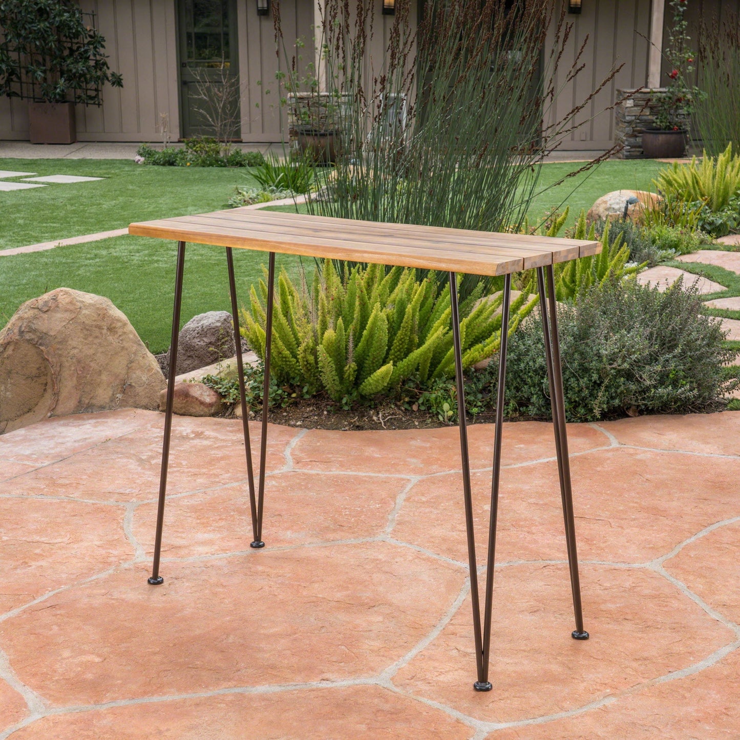 Outdoor Acacia Bar Table and Iron Hairpin Legs