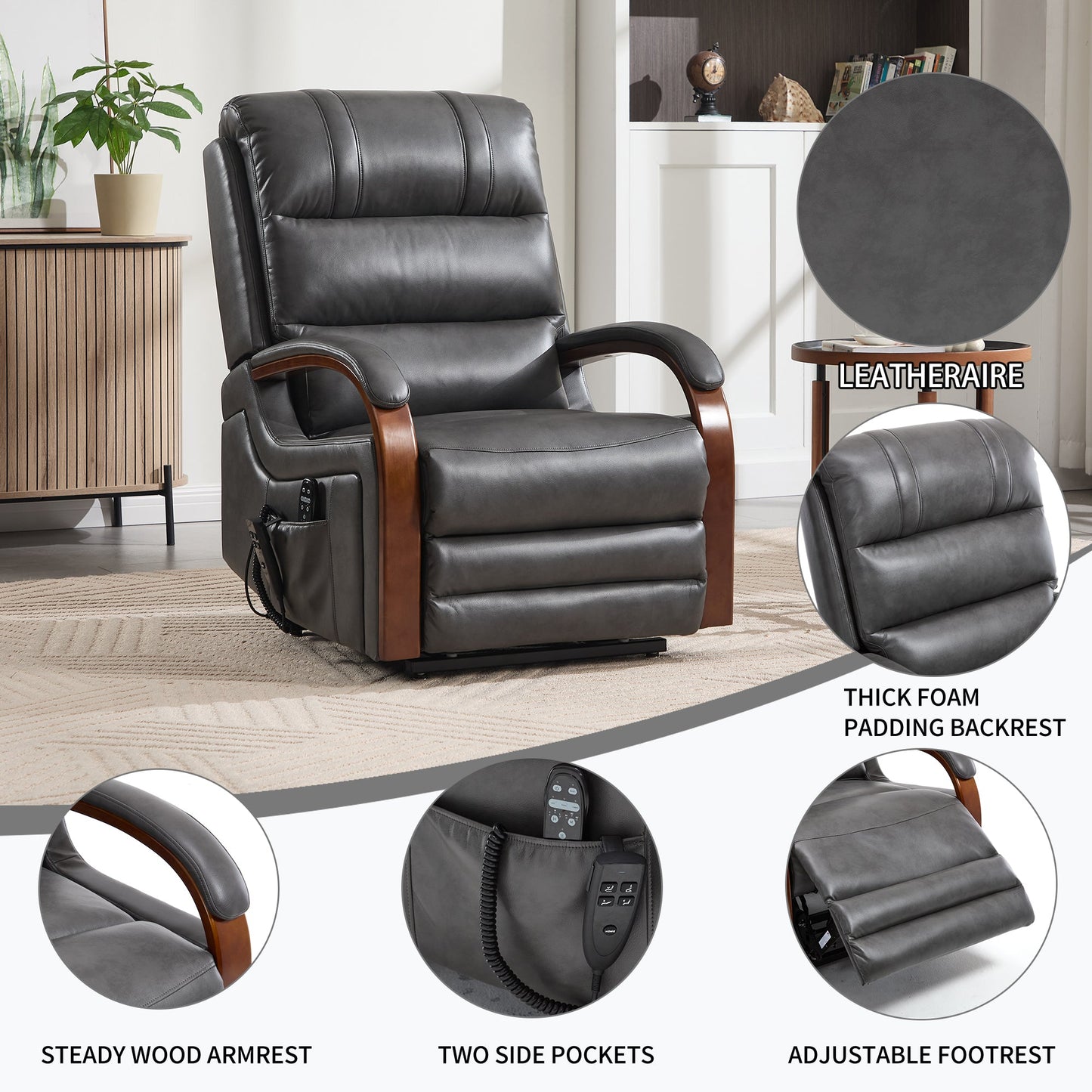 Power Dark Recliner Chair in dark gray leather with wood armrests for living room use on Tampa Home & Garden Store