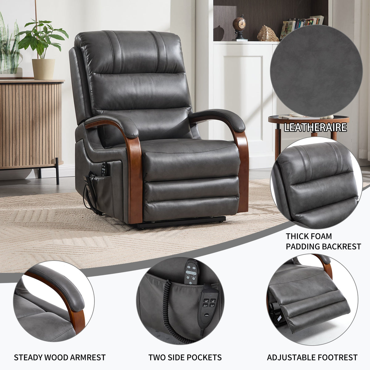 Power Dark Recliner Chair in dark gray leather with wood armrests for living room use on Tampa Home & Garden Store