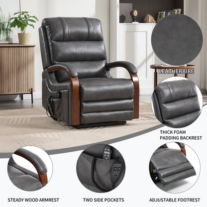 Power Dark Recliner Chair in dark gray leather with wood armrests for living room use on Tampa Home & Garden Store