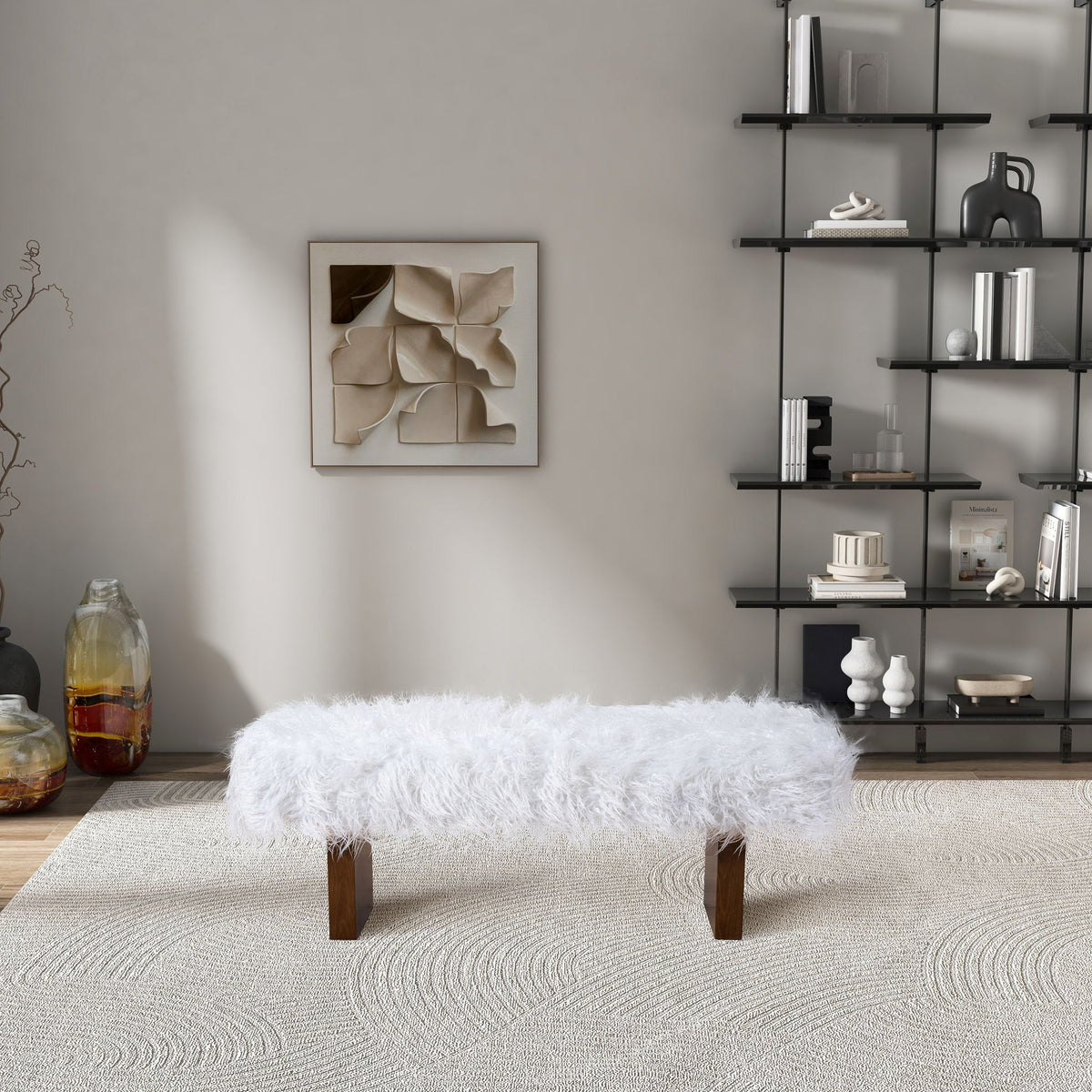 White khaki fur upholstered bench with walnut frame, set of 2, modern living room accent on Tampa Home & Garden Store