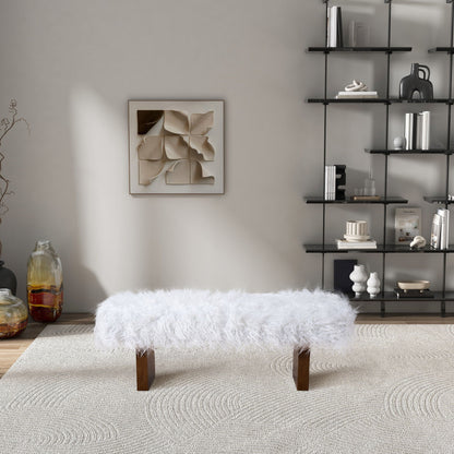 White khaki fur upholstered bench with walnut frame, set of 2, modern living room accent on Tampa Home & Garden Store