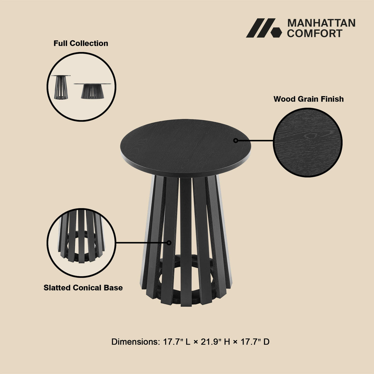 Layla end table with black wood grain finish, slatted conical base on Tampa Home & Garden Store