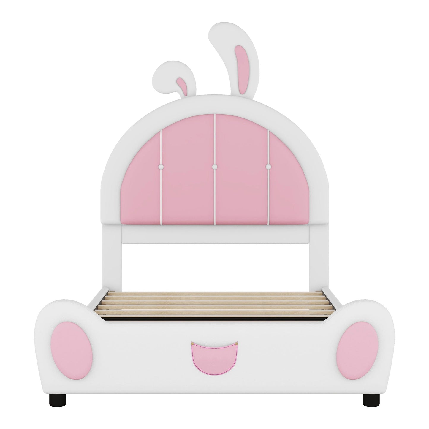 Upholstered platform bed with rabbit-shaped pink headboard and white frame by HouseOfZazla on Tampa Home & Garden Store
