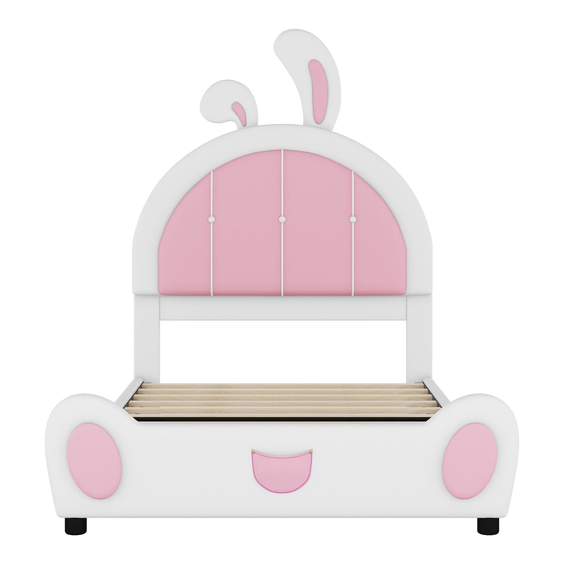 Upholstered platform bed with rabbit-shaped pink headboard and white frame by HouseOfZazla on Tampa Home & Garden Store