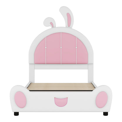 Upholstered platform bed with rabbit-shaped pink headboard and white frame by HouseOfZazla on Tampa Home & Garden Store