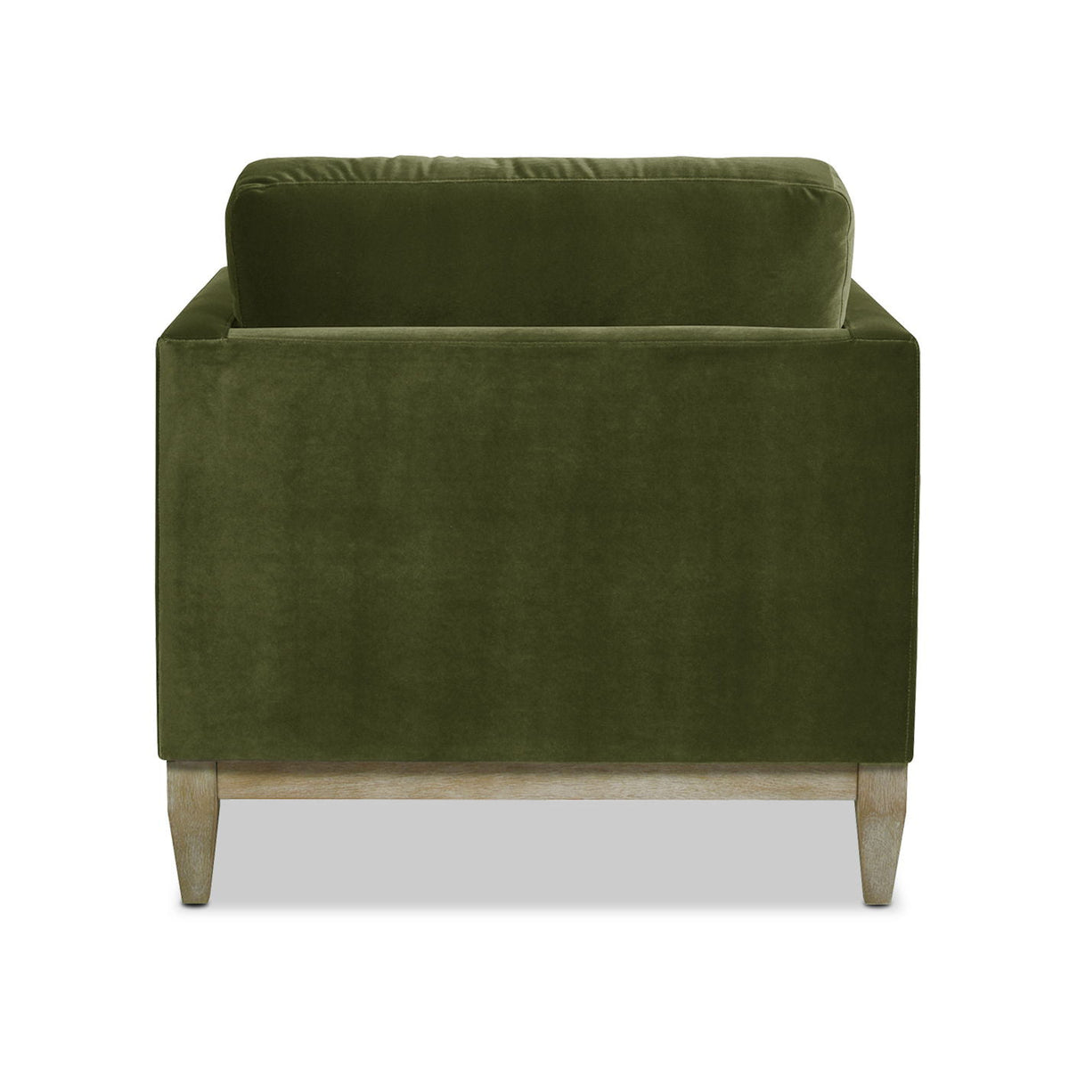 Modern farmhouse arm chair in olive velvet with light wood legs, reversible cushions on Tampa Home & Garden Store