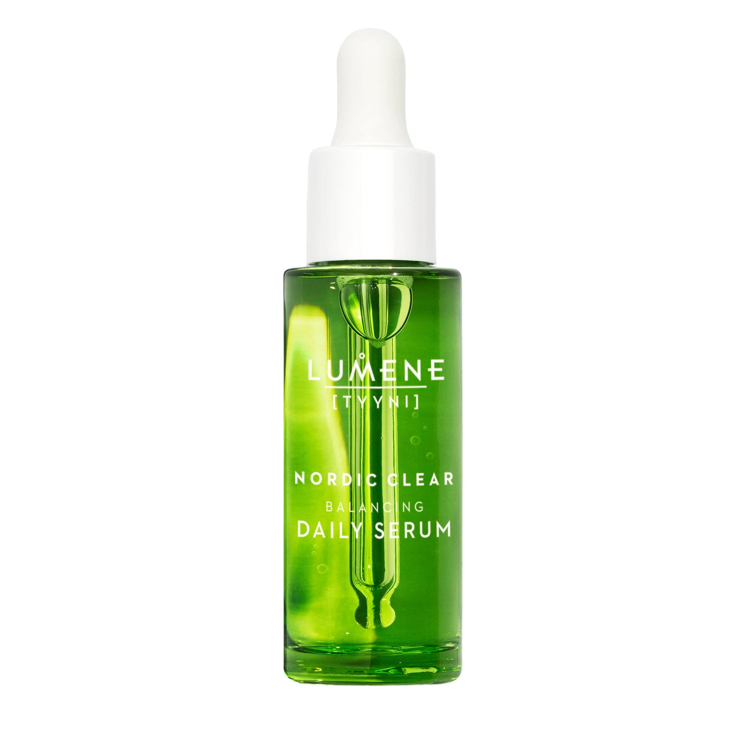 Lumene sebum balancing serum bottle, green glass with white dropper cap on Tampa Home & Garden Store