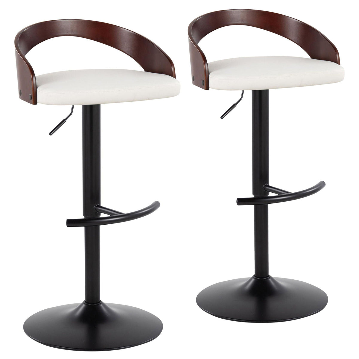 Pair of adjustable barstools with swivel and footrests, white cushions, dark wood on Tampa Home & Garden Store