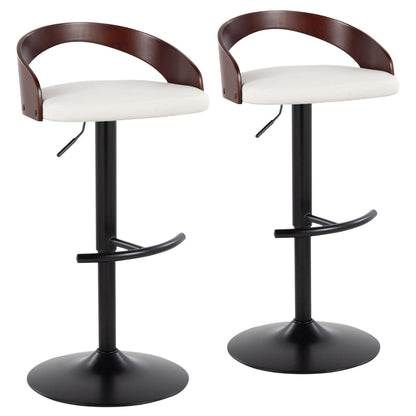 Pair of adjustable barstools with swivel and footrests, white cushions, dark wood on Tampa Home & Garden Store