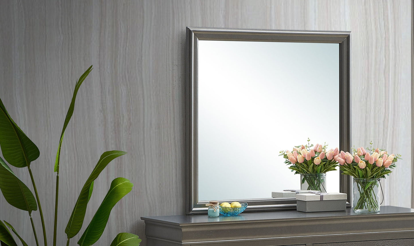 Traditional wall mirror with wood veneer frame on gray console table on Tampa Home & Garden Store