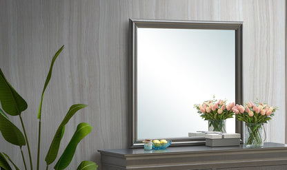 Traditional wall mirror with wood veneer frame on gray console table on Tampa Home & Garden Store