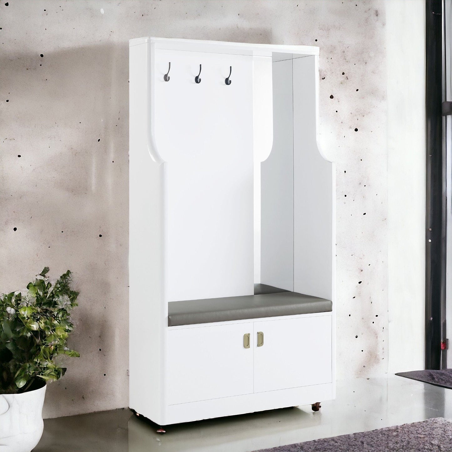Buck II High Gloss White Hall Tree with three hooks and gray cushioned bench on Tampa Home & Garden Store
