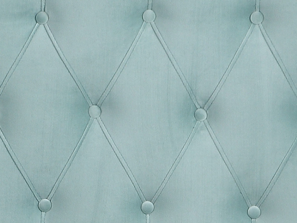 Luma Upholstered Bed headboard in pale blue fabric with diamond tufting and round buttons on Tampa Home & Garden Store