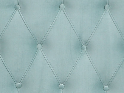 Luma Upholstered Bed headboard in pale blue fabric with diamond tufting and round buttons on Tampa Home & Garden Store