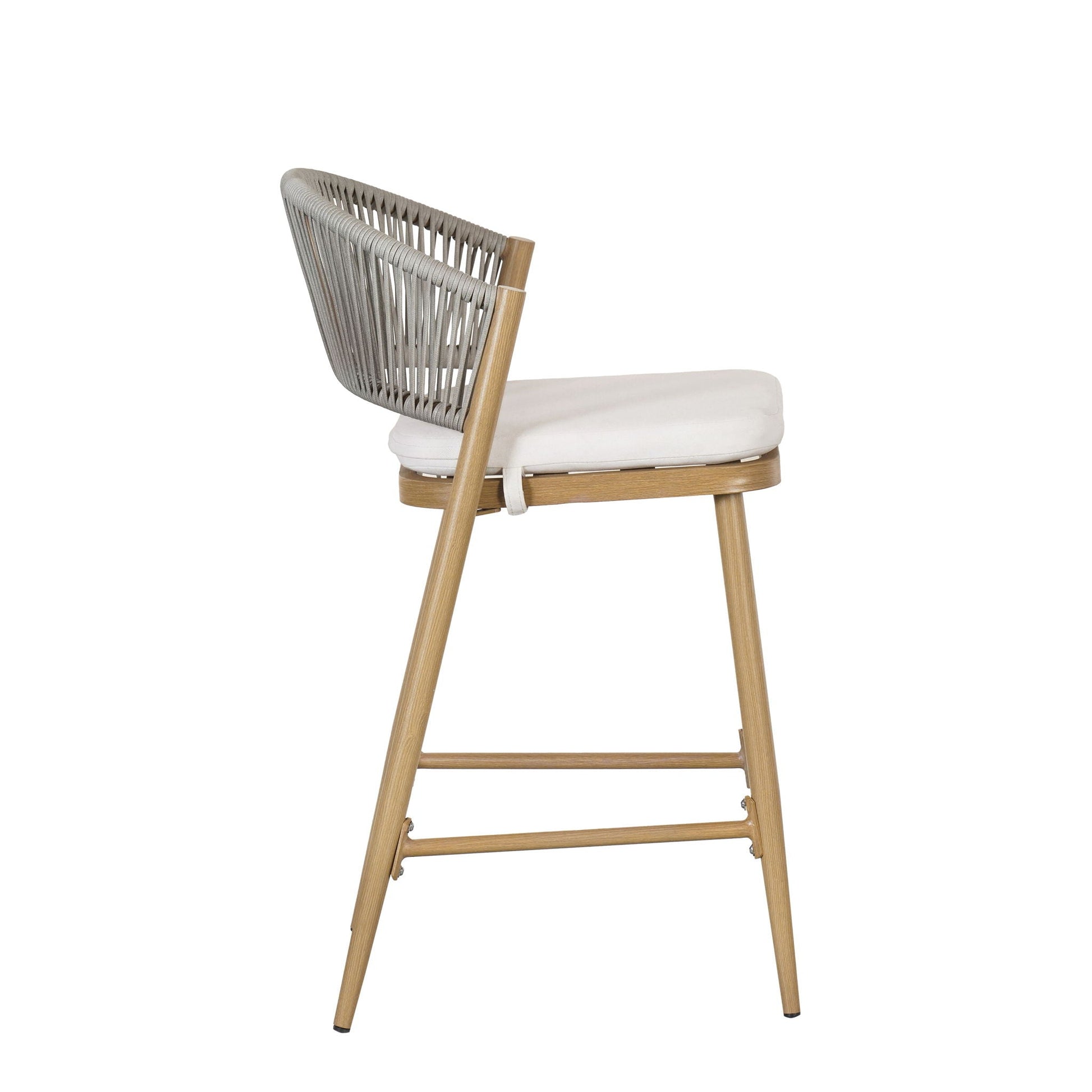 Outdoor 26in counter-height stool with gray rope backrest, light wood legs and white cushion on Tampa Home & Garden Store