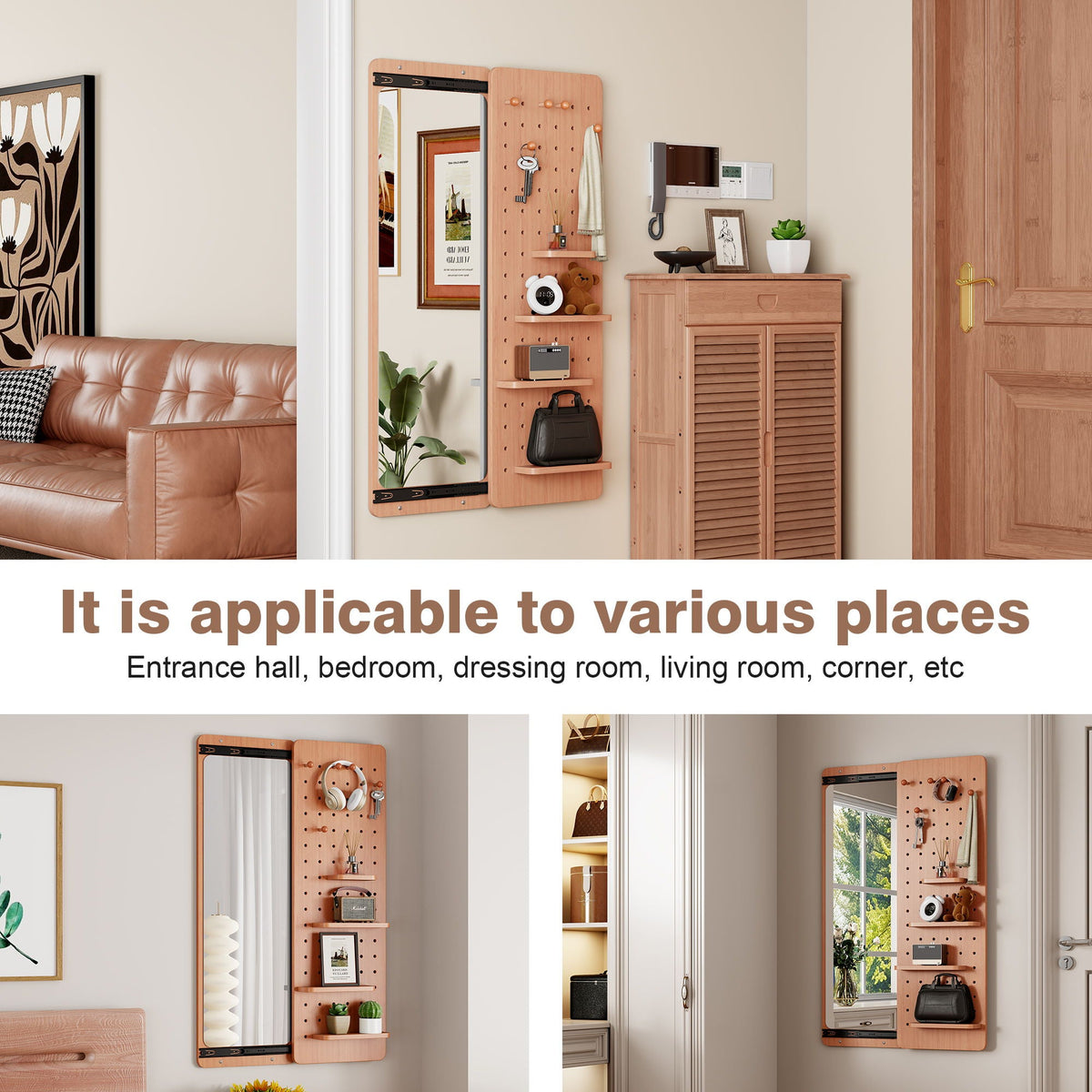 Full-length wall-mounted storage mirror with light brown pegboard, shelf and hooks by HouseOfZazla on Tampa Home & Garden Store
