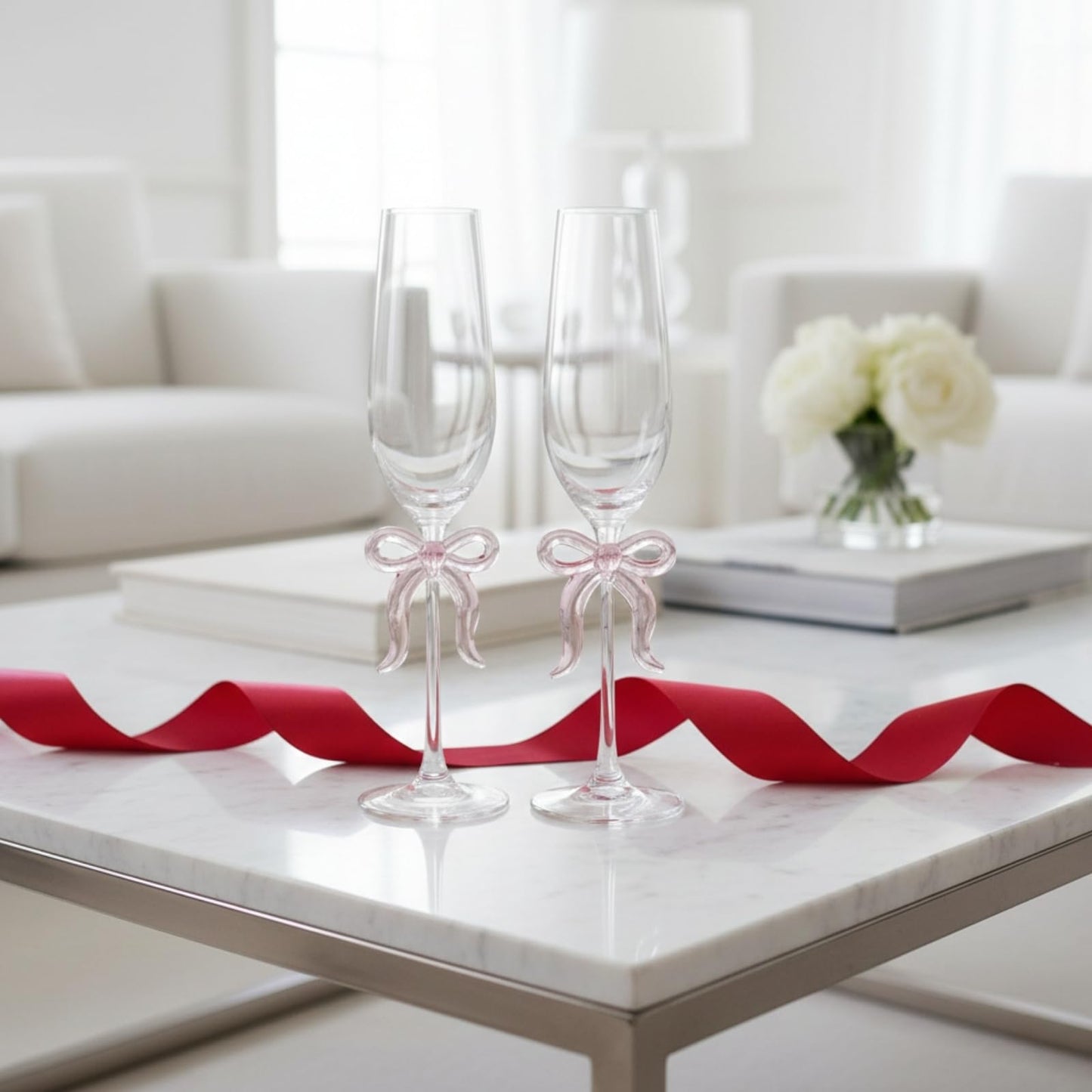 Two Clear Champagne Glasses and a Pink Bow Set