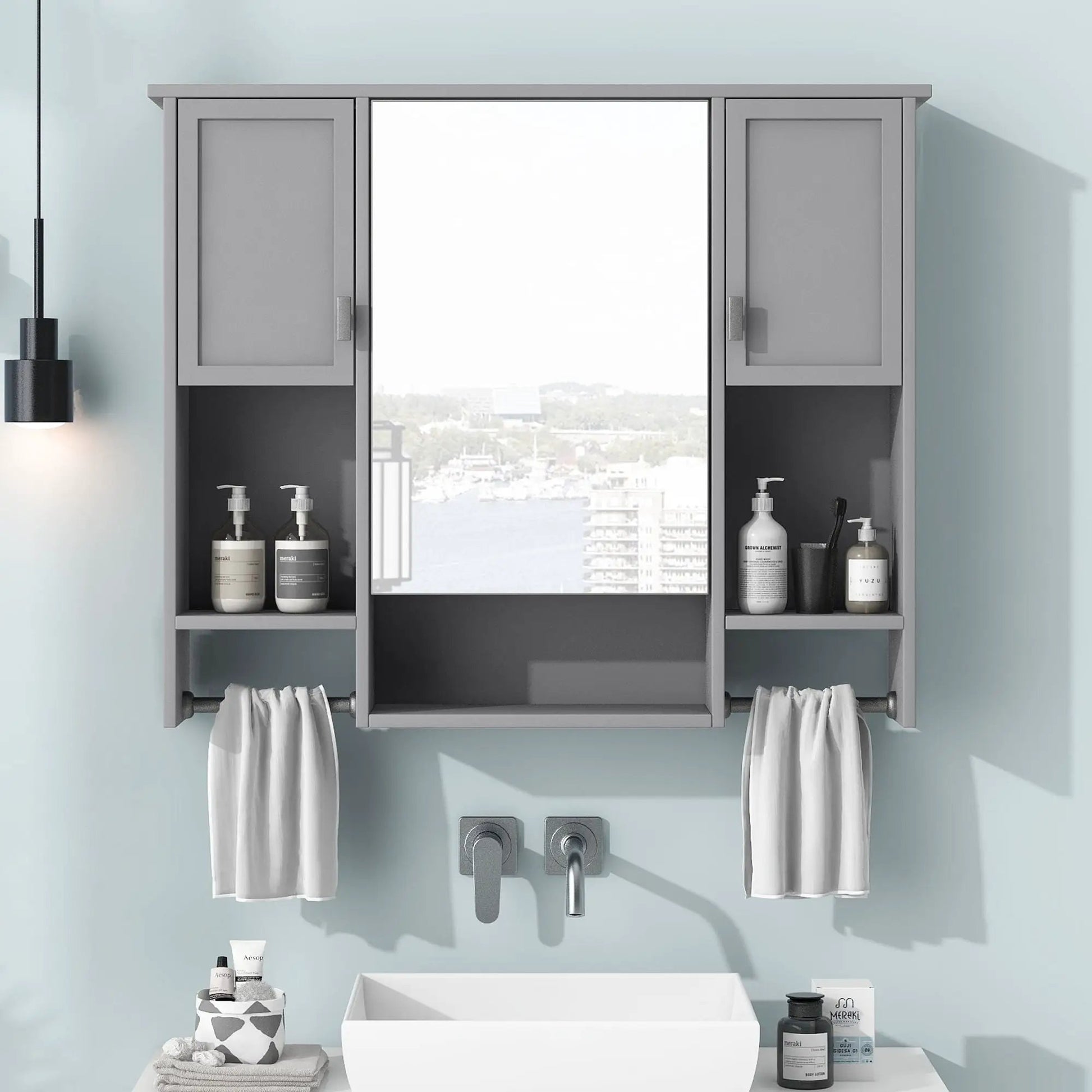 Wall mounted medicine cabinet with mirror, gray finish, towel bar by Unique Piece Furniture on Tampa Home & Garden Store