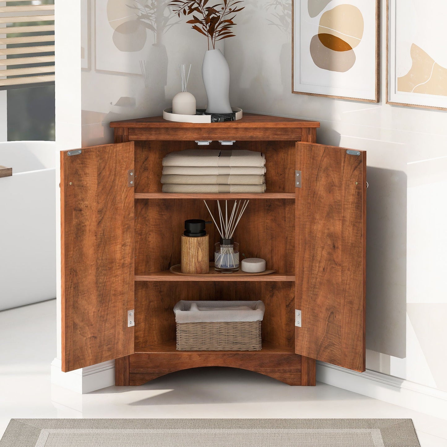 Triangle wooden bathroom linen cabinet with adjustable shelves; towels inside HouseOfZazla on Tampa Home & Garden Store