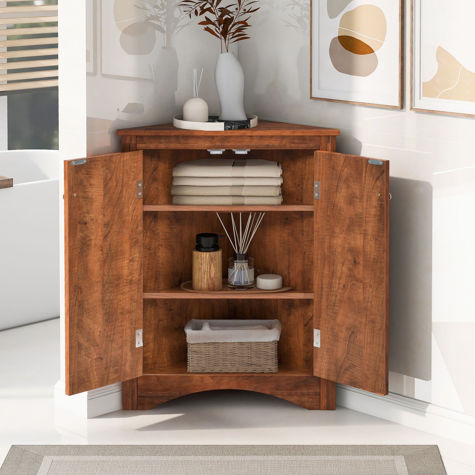 Triangle wooden bathroom linen cabinet with adjustable shelves; towels inside HouseOfZazla on Tampa Home & Garden Store