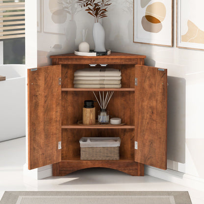 Triangle wooden bathroom linen cabinet with adjustable shelves; towels inside HouseOfZazla on Tampa Home & Garden Store