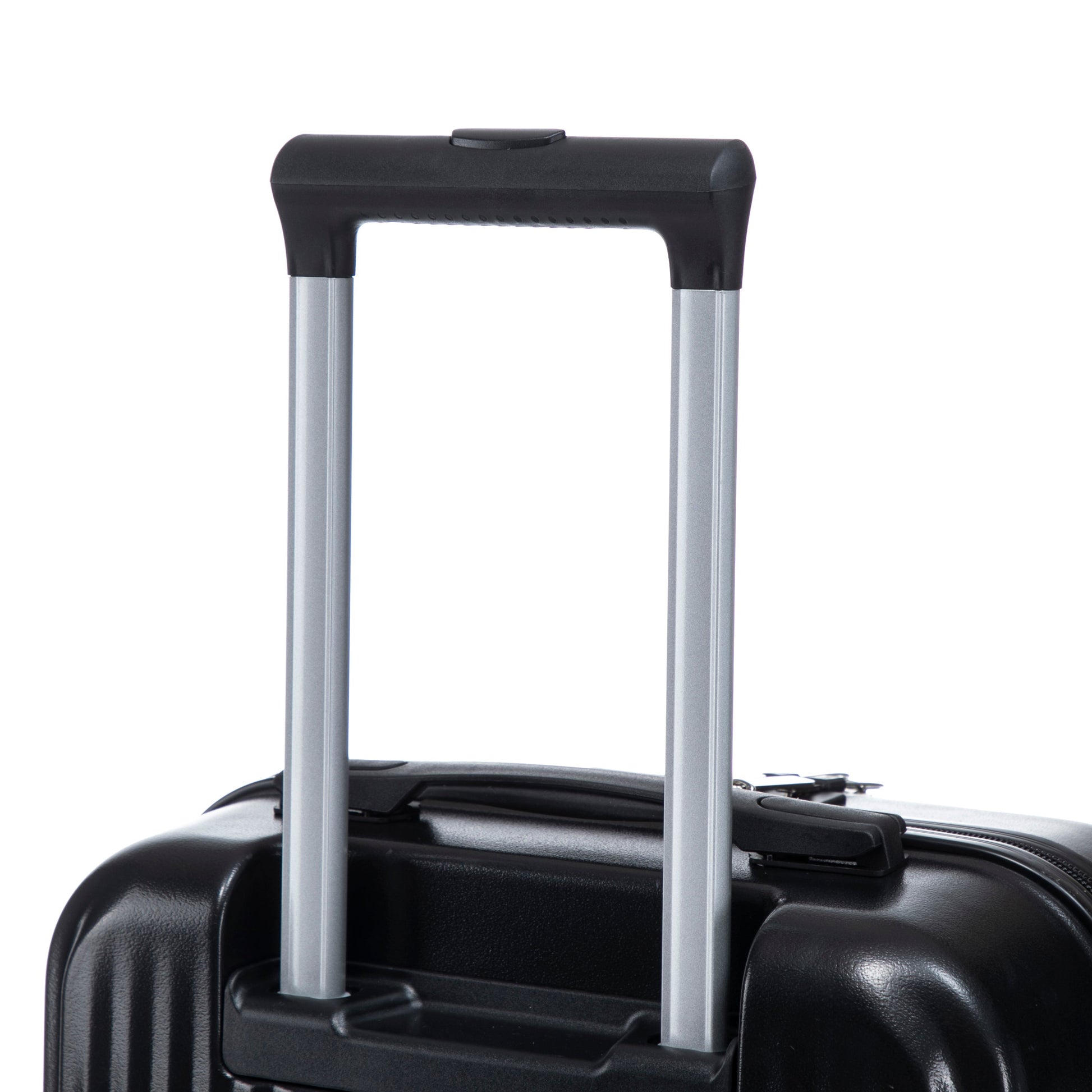Luggage handle closeup by HouseOfZazla; ABS spinner set with silver rails and black grip on Tampa Home & Garden Store