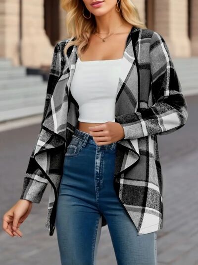 Elegant plaid open-front long-sleeve jacket in black and white, lightweight breathable outerwear on Tampa Home & Garden Store