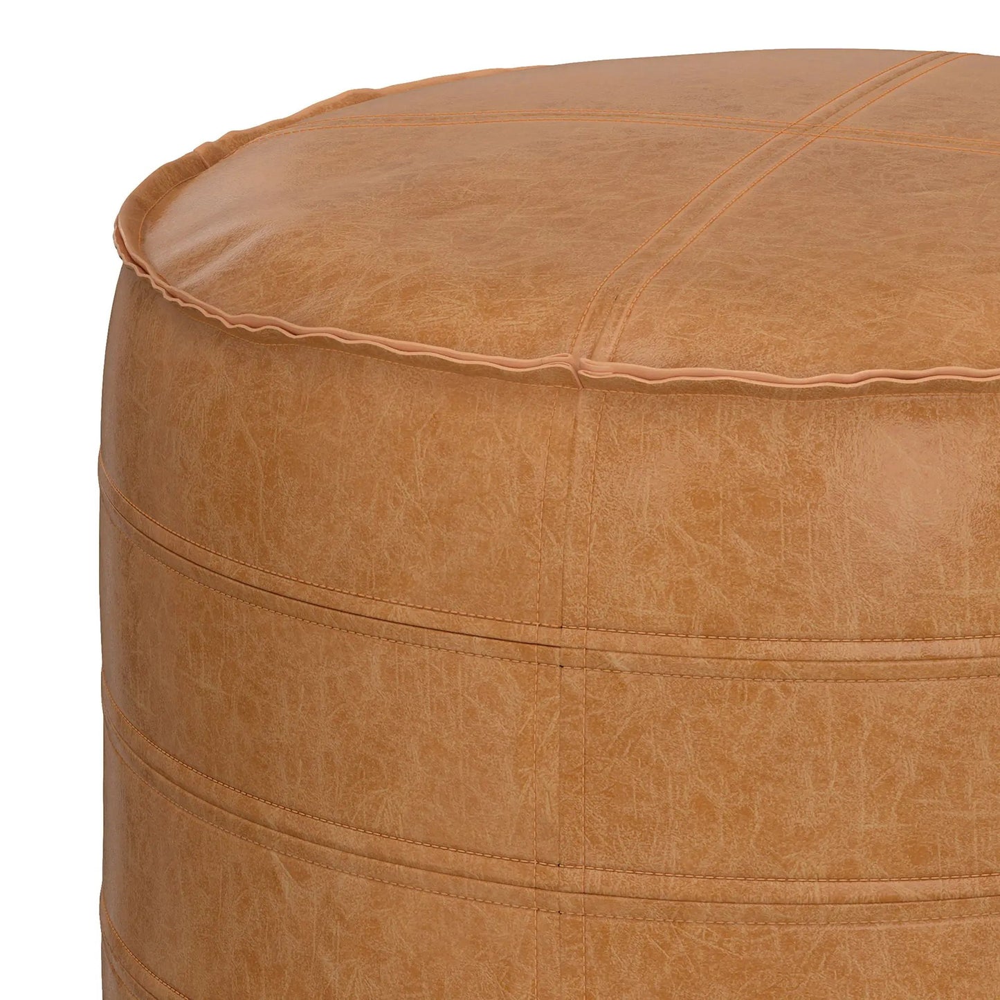 Brody Round Pouf tan faux leather upholstery with visible seams by Unique Piece Furniture on Tampa Home & Garden Store