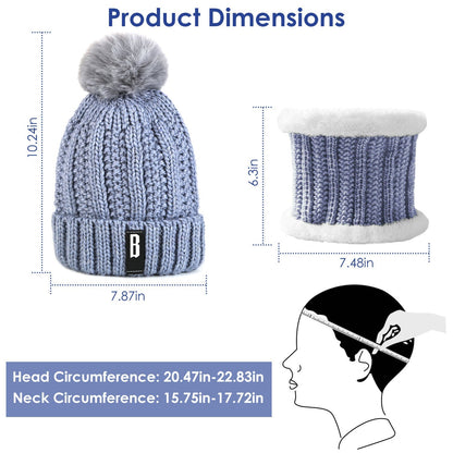 GemGear blue knit beanie with fluffy pom-pom and matching scarf neck warmer set on Tampa Home & Garden Store